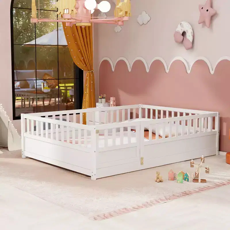 Okak Full Floor Bed Frame with Extra-Tall Safety Rails, Wood Bed Frame with Convenient Entry Door for Bedroom, White