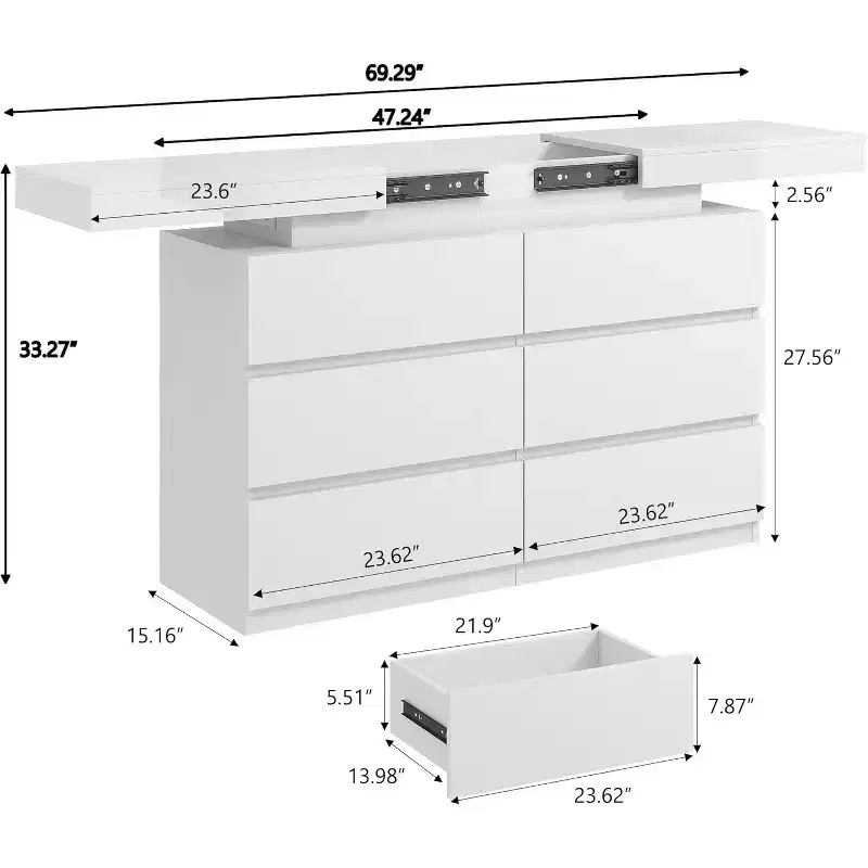 modern 6-drawer dressing table - storage cabinet with LED lights, top sliding storage, bedroom, living room