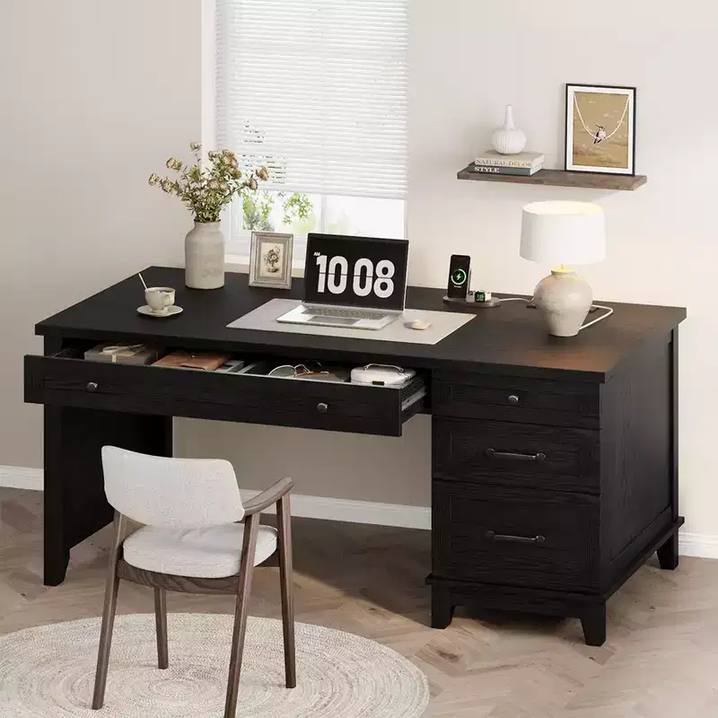 Rustic Wood Double Desk with 4 File Drawers, 2-Person Home Office Workstation