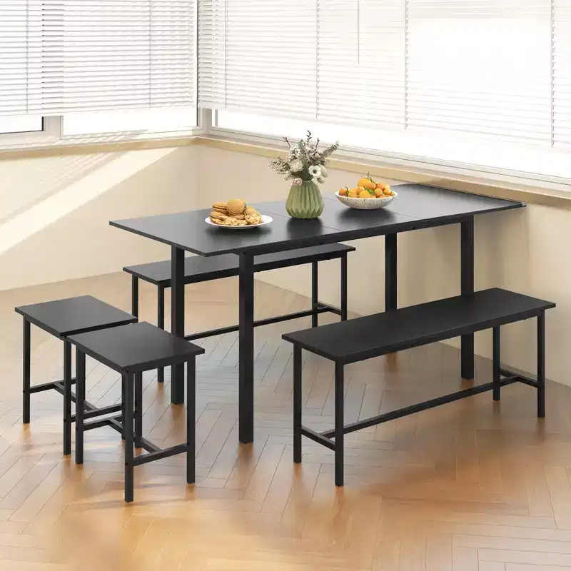 Costway 5 PCS Dining Table Set for 4-6 w/ 2 Benches & 2 Stools Metal Frame Dining Room Black