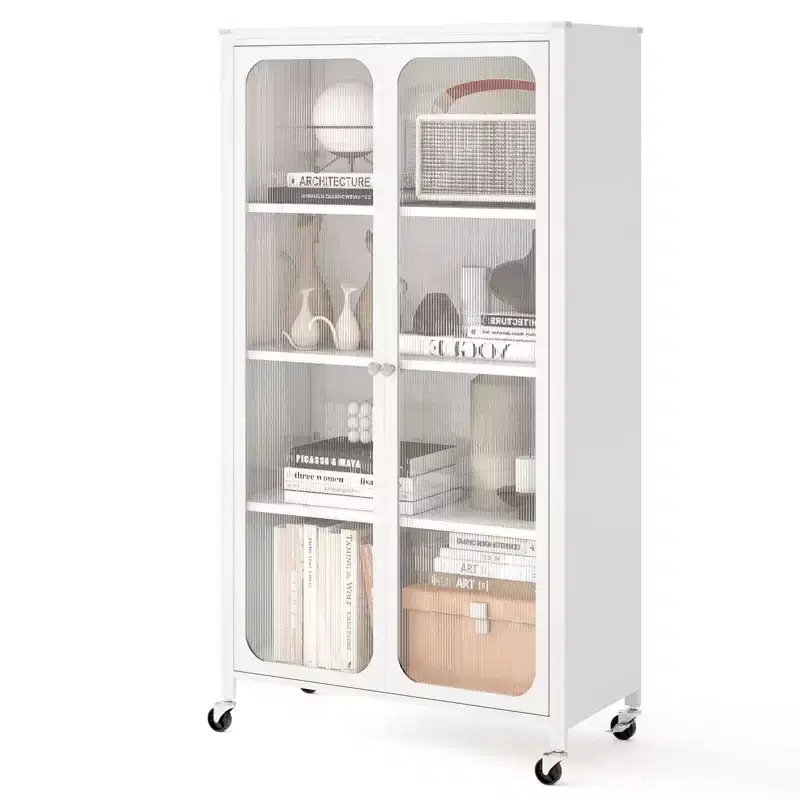 Storage Cabinet with Wheels & 2 Translucent Doors Adjustable Shelves Sideboard 31.5 x 14.5 x 58