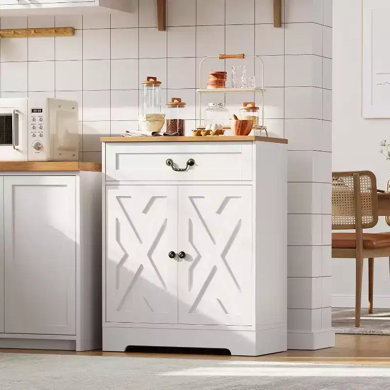 Cabinet - Kitchen Storage Buffet Sideboard with 2 Doors, Drawer & Adjustable Shelf, White Cabinet for Kitchen, Living Room