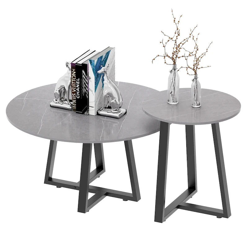 Set of 2 Round Nesting Tables Sintered Stone Marble Coffee Table - 31.5x15.7 inch