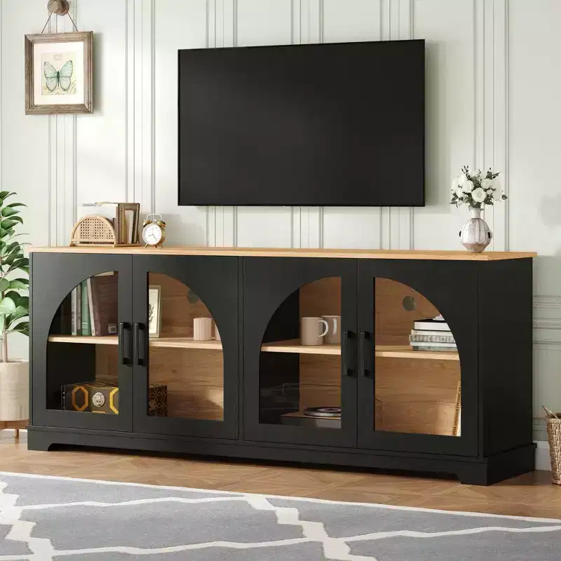 Farmhouse TV Stand for TVs Up to 70 with Semi-Arched Glass Doors, Two-Tone Media Console Sideboard with Adjustable Shelves - ModernLuxe