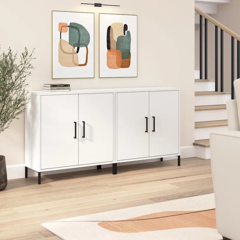 Low Storage Cabinet with Doors, Set of 2 - Modern Style with Steel Feet