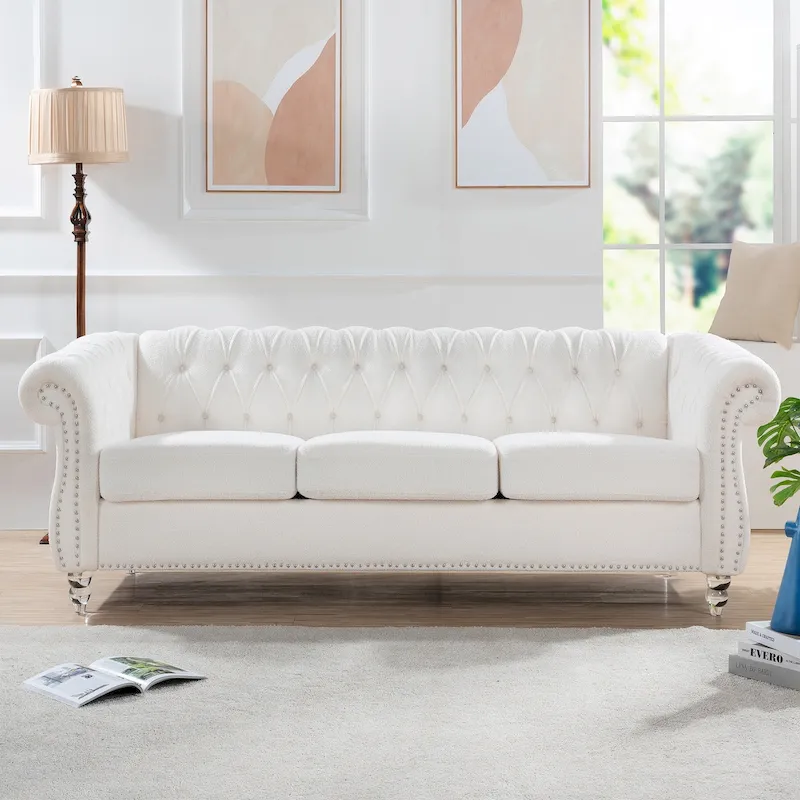 Classically Elegant 84.65 Three-Seater Rolled Arm Chesterfield Sofa in PU Leather - Sturdy Birch Legs, Soft Upholstery