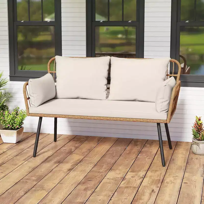 Costway Patio Wicker Loveseat Furniture with Seat Back Cushions, Heavy-Duty Metal Legs Off-White/Black