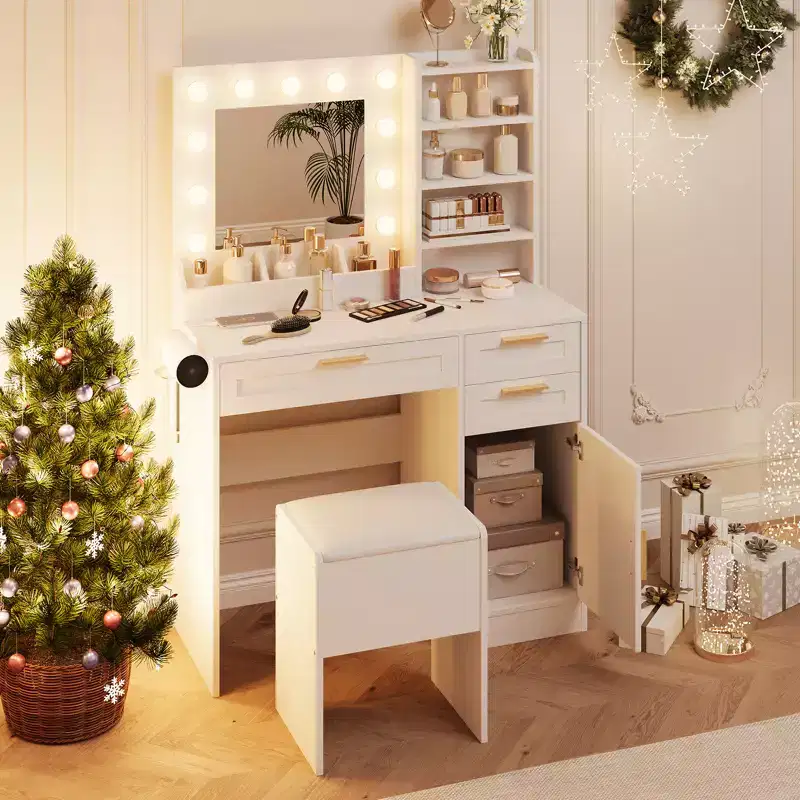 COZONY 37 Vanity Cabinet with Mirror & Lights, Makeup Table Set with 3 Drawers, 3-Color Dimming, Power Outlets
