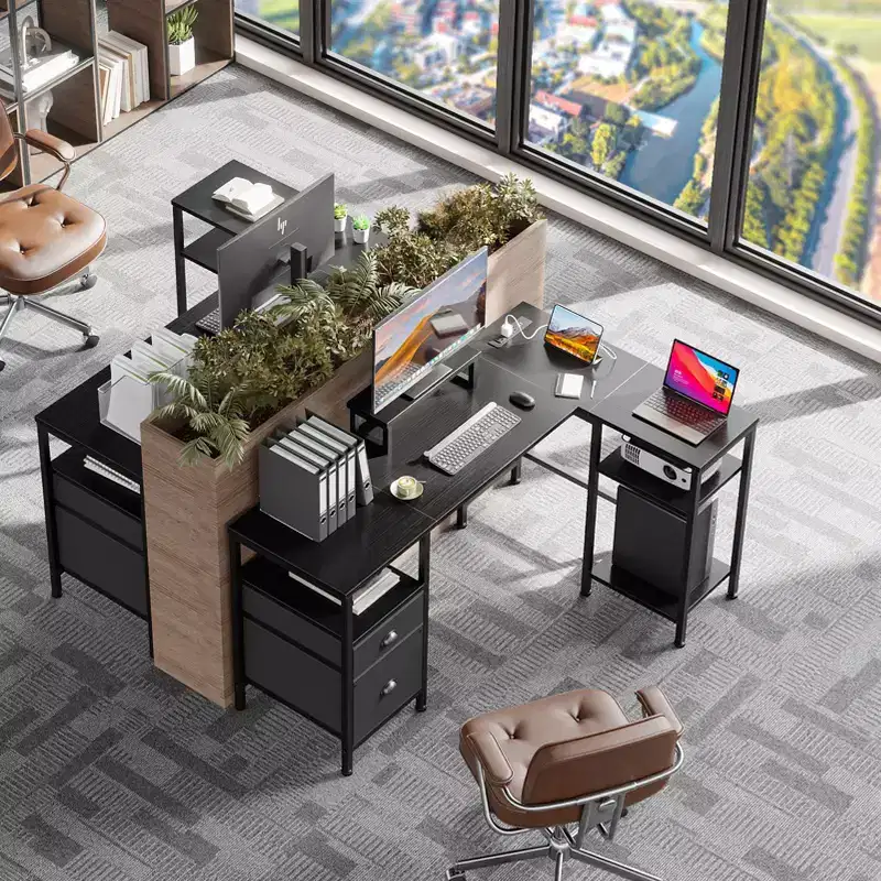 50 Inch Black L Shaped Computer Desk with Charging Station Reversible Corner Gaming Desk File Cabinet Monitor Stand Storage Home Office Workstation