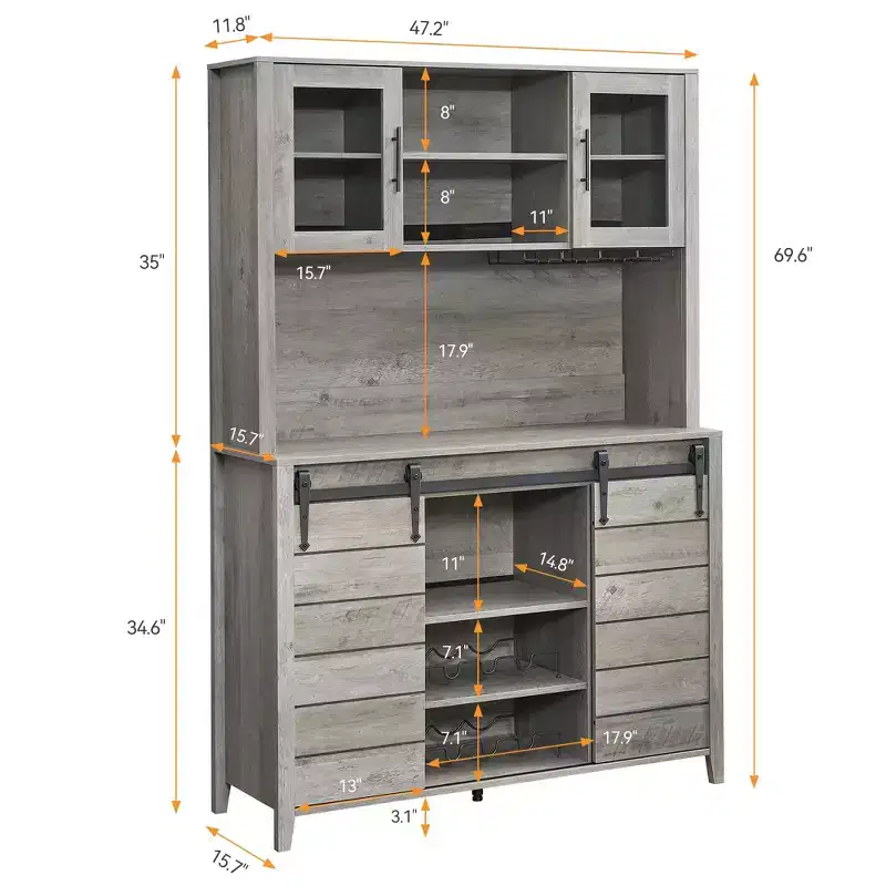 70-Inch Farmhouse Coffee Bar and Wine Cabinet with Sliding Barn Doors, Kitchen Hutch with Wine Rack and Glass Holder, Pantry Storage Cabinet