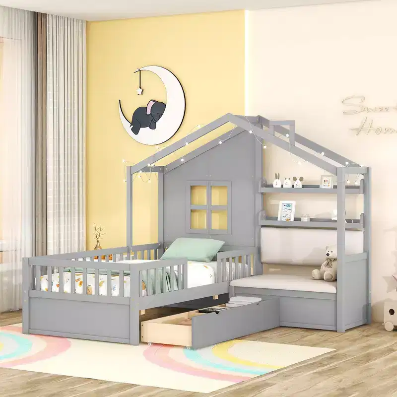 Whisen Twin Size House Bed Frame, Kids Platform Bed with Sofa, Two Drawers and Storage Shelf