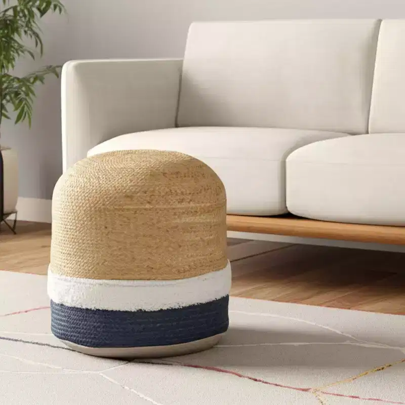 HomeRoots 18 Natural And Navy Blue Jute Blend Cylinder Striped Pouf Ottoman