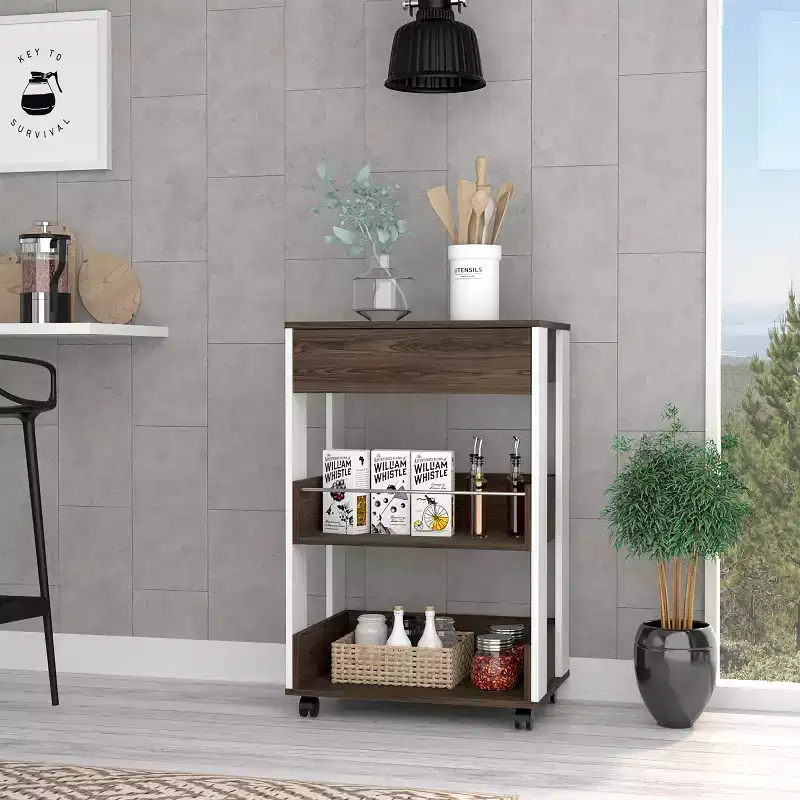 Modern Kitchen Cart with 1 Drawer and 2 Shelves, Kitchen Island on Wheels, Brown