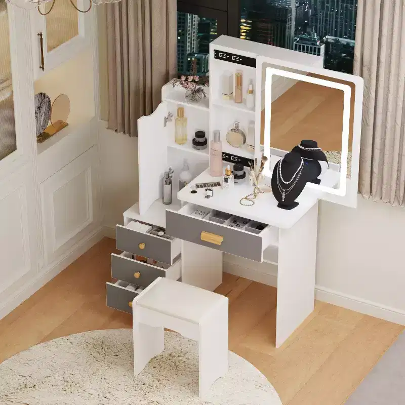 Black / White Vanity Dressing Table Set with Lighted Mirror & Stool – 1 Person