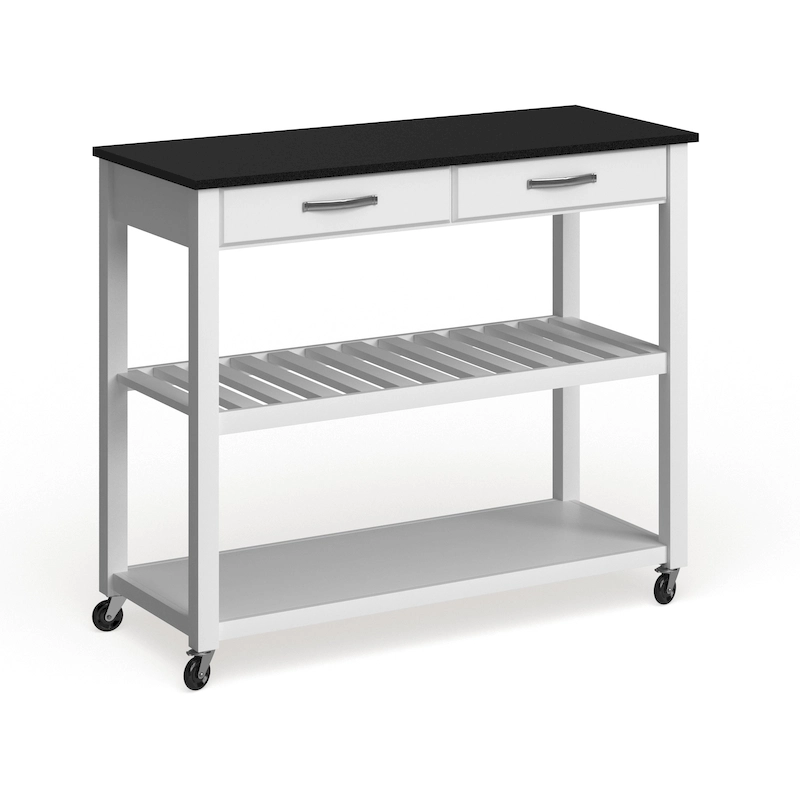 Crosley Solid Black Granite Top Kitchen Cart/ Island With Optional Stool Storage in White Finish - 17d x 43w x 35h