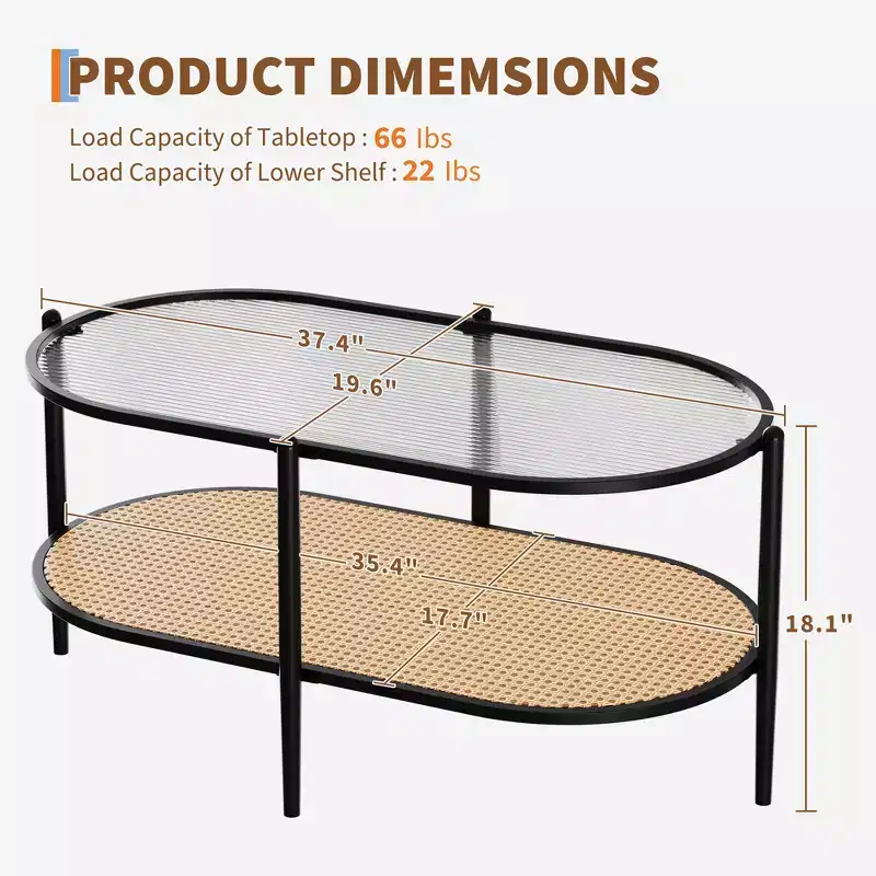 37 Rattan Oval Coffee Table, 2-Tier Storage Shelf and Metal Frame, Water-Wave Glass Table top Cocktail Tea Table, Farmhouse Center Tables