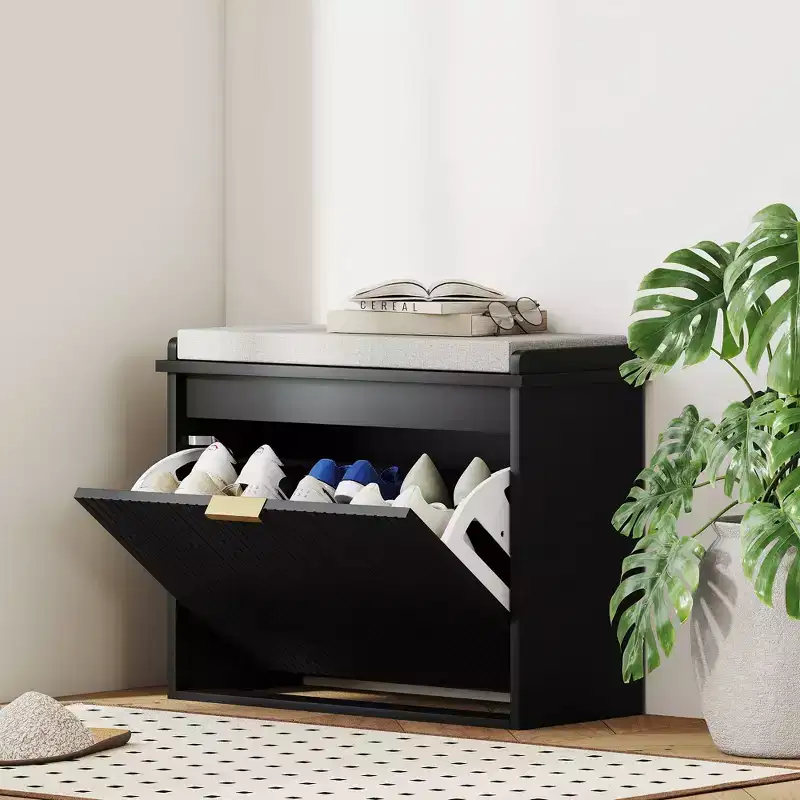 Shoe Storage Bench with Padded Seat Cushion and Flip-Drawer, Entryway Bench, Shoe Cabinet, 24.4x10.2x18.7 Inches