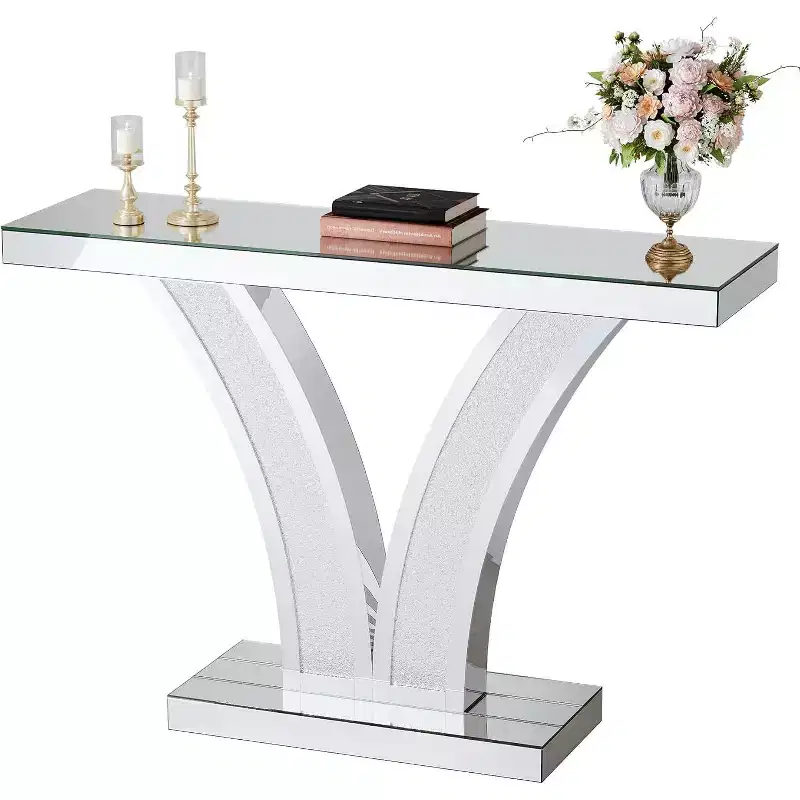 Lantine Mirrored Console Table, Modern Sliver Entryway Sofa Table with Crystal Inlay Frames