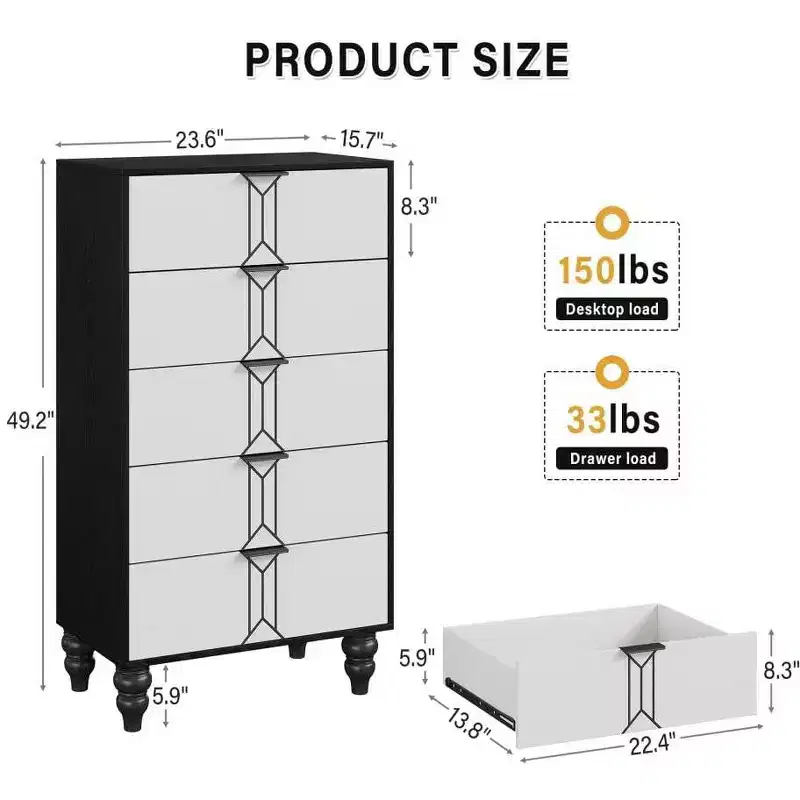 5 Drawers Dresser, Modern Wooden Tall Dresser with Deep Drawers, Chest of Drawers for Bedroom, Living Room, Hallway, Entryway