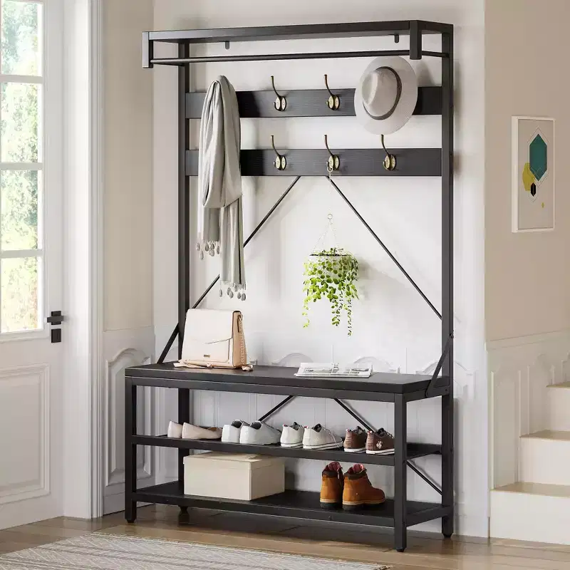 72 Tall Coat Rack & Shoe Bench  Industrial Entryway Storage with Shelf & Hooks