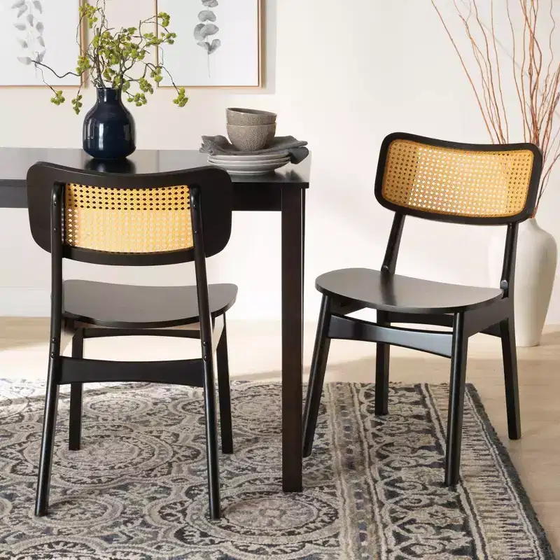 Baxton Studio 2pc Tafari Wood and Rattan Dining Chair Set Dark Brown/Light Brown: Armless, Rubberwood Frame, Spot Clean