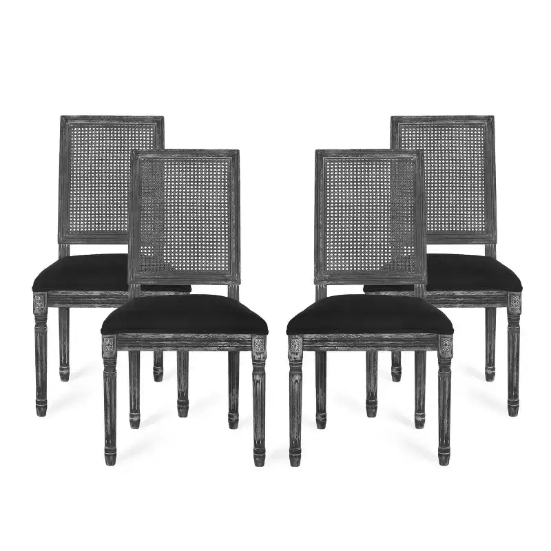 of 4 French Country Wood and Cane Upholstered Dining Chairs