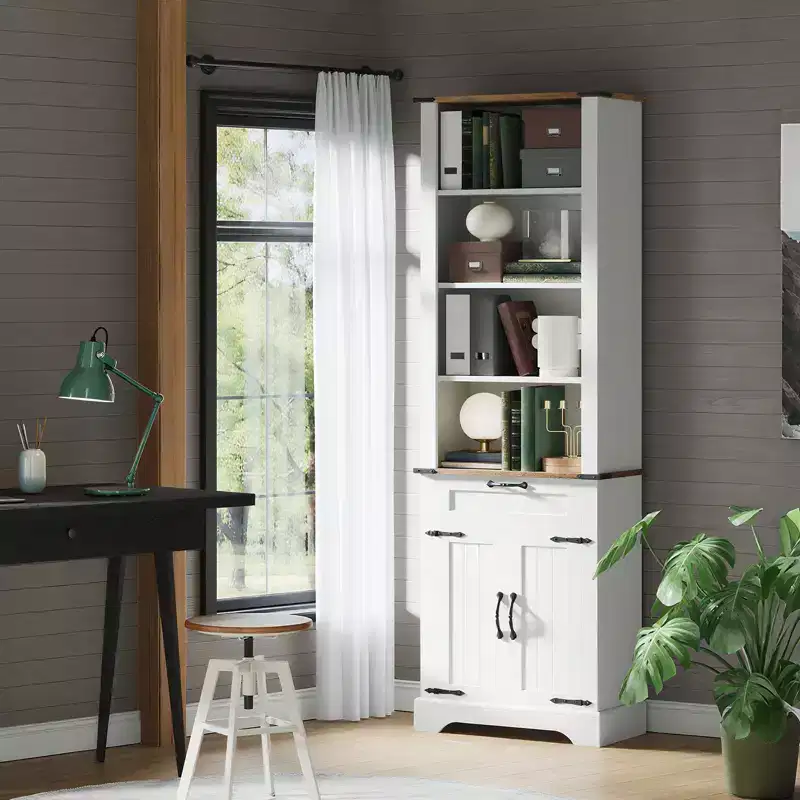 72 Tall Bookshelf with Storage Cabinet, 4 Tier Farmhouse Bookcase with Barn Door and Adjustable Shelves