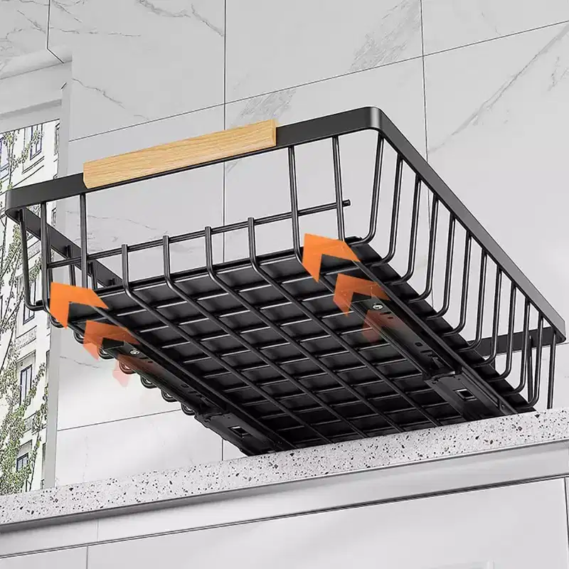 Pull Out Cabinet Organizer,Multifunctional Sliding Mesh Cabinet Basket with 2 Cars Lines, for Kitchen Pantry Bathroom Bedroom Black