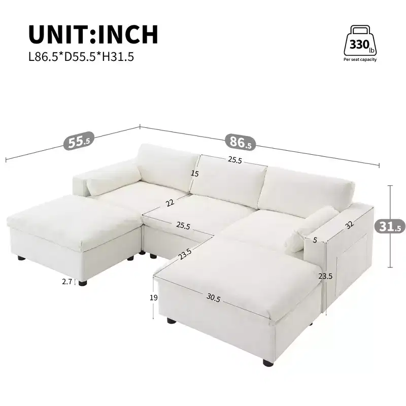 86.5'' Chenille Modular Sectional Sofa with Storage Pockets, Ottomans, and Pillows, 5-Seat U-Shaped Cloud Couch for Living Room