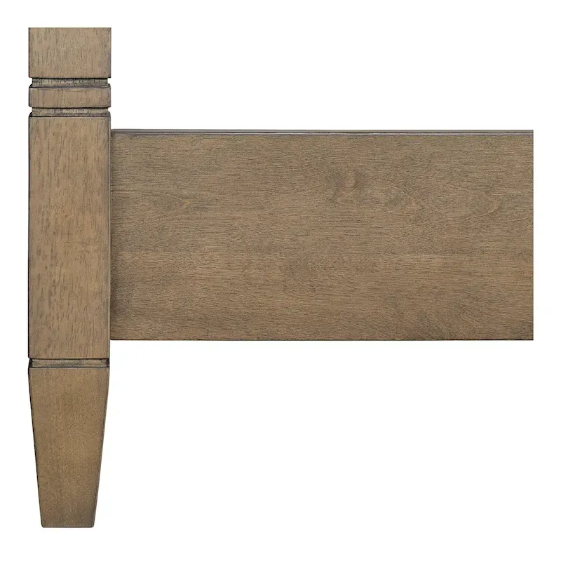 Queen Canopy Bed Frame, Solid Wood, Upholstered Headboard, Gold Metal Cuffs, Slat Foundation, 86.75W x 63.25D x 80H in
