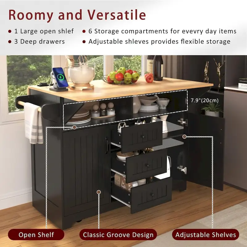 55.7 Kitchen Island with Drop Leaves, Rolling Cart with Power Outlet, Spice Rack, and 3 Drawers