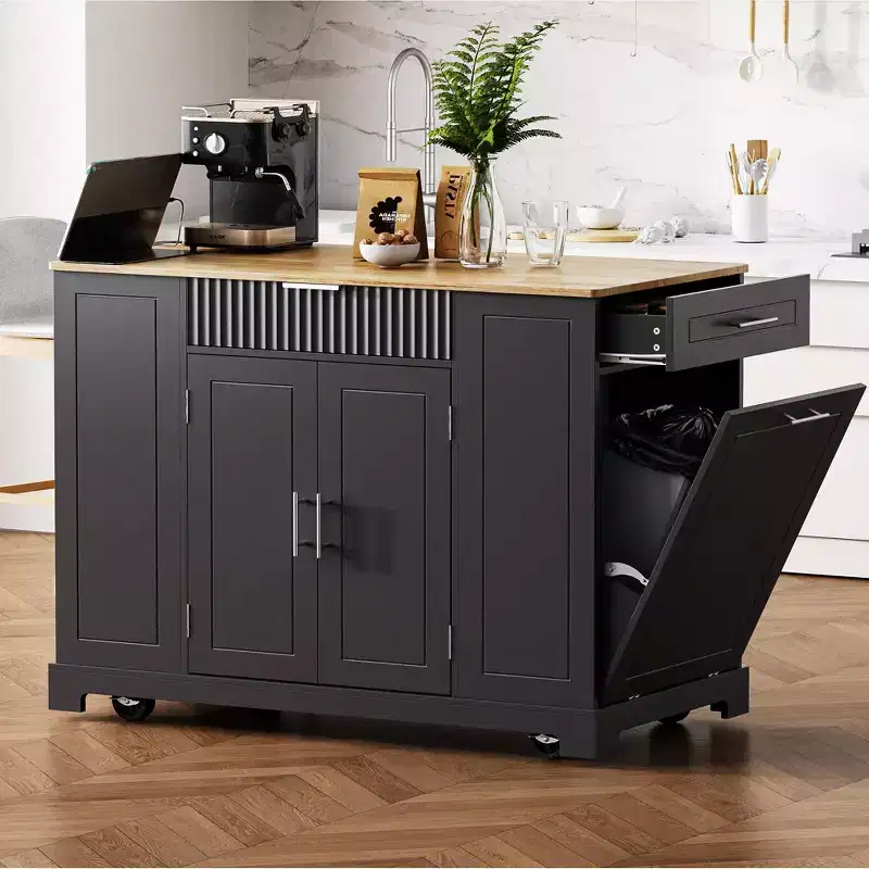 Kitchen Island with Trash Can Storage Cabinet, Power Outlet, Storage Rack, 3 Drawers & 3 Open Side Racks for 10 Gallon Garbage Bin, Black