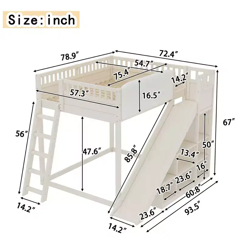 Loft Bed with Upholstered Headboard and Storage Shelves, Solid Wood Loft Bed Frame with Ladder and Slide for Kids