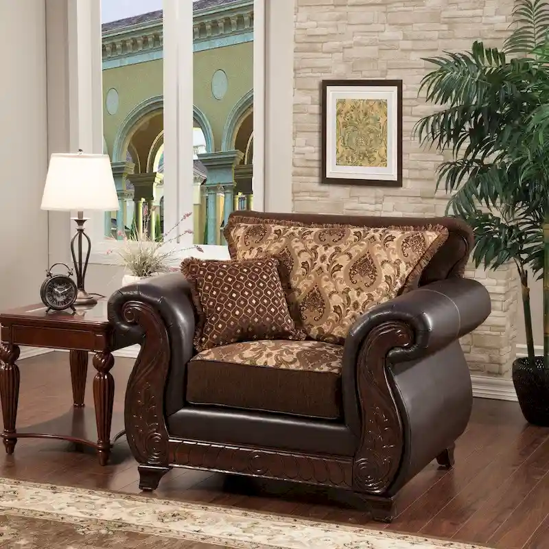 Traditional Faux Leather Padded Damask Pattern Armchair | Classic Accent Chair