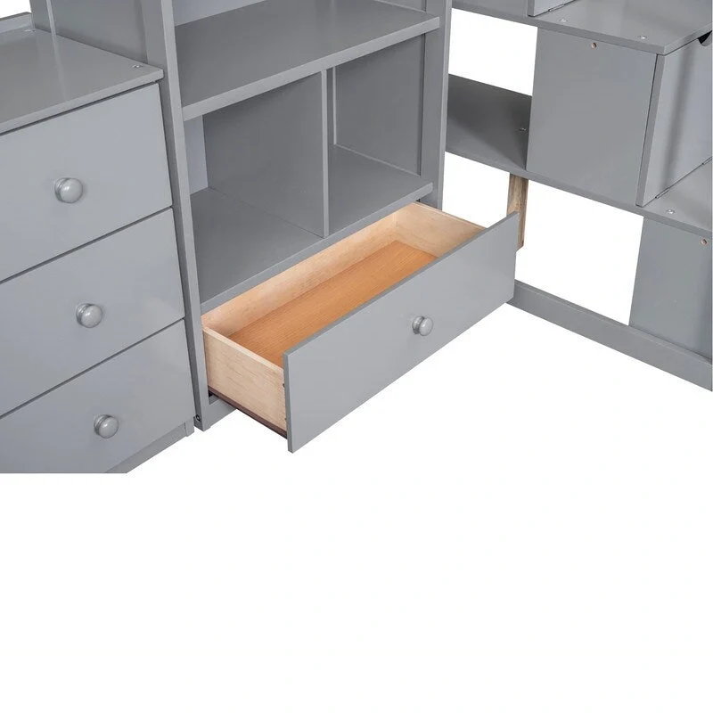 Twin Size Wooden Loft Bed with L-Shaped Desk and Drawers, Cabinet and Storage Staircase