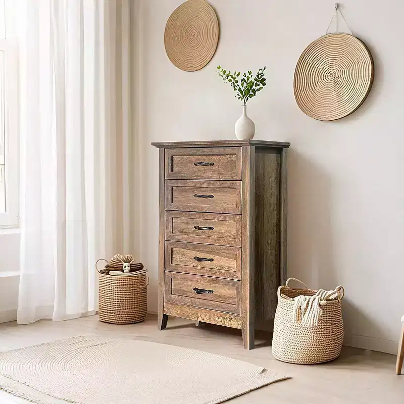 45 in Tall Farmhouse 5 Drawer Dresser for Bedroom, Vertical Wooden Chest of Drawers, Rustic Clothes Dresser for Closet Nursery Living Room