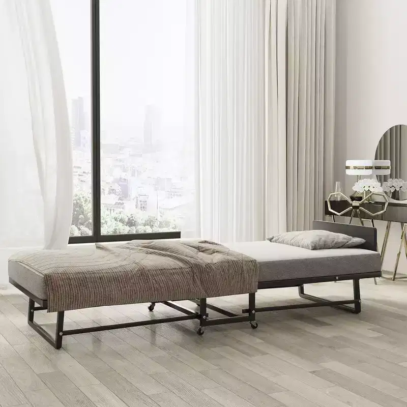 Folding Bed With Mattress, Portable Guest Beds With 4 Wheels, 4 Foam Mattress & Metal Frame, Space Saving Cot Size Roll way Bed For Home Guest Room