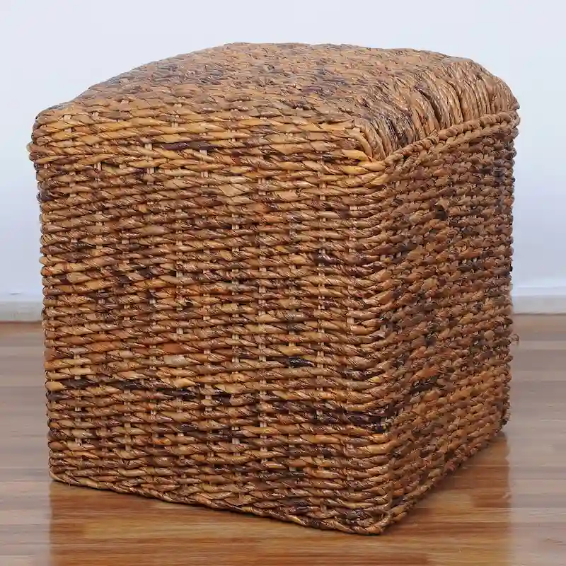 Square Hand-Woven Abaca & Rattan Wicker Ottoman with Cushion | 16