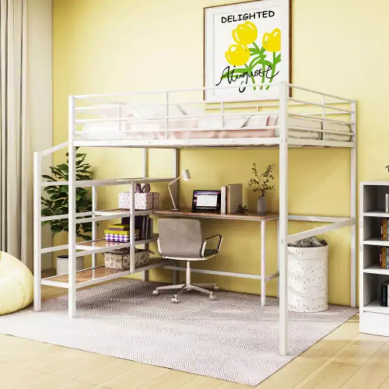 Metal Loft Bed: Full Size, Desk, Side-Storage Ladder