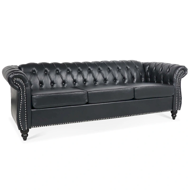 Classically Elegant 84.65 Three-Seater Rolled Arm Chesterfield Sofa in PU Leather - Sturdy Birch Legs, Soft Upholstery