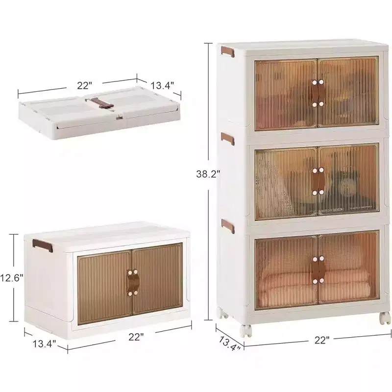 VECELO 38/50/62 Foldable Storage Bins Plastic Toy Lockers/Clothes Stackable Organizer With Lockable Wheels, White