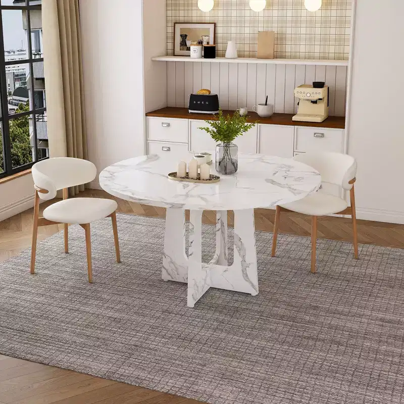 47 Round Dining Table for 4 Farmhouse MDF Table with Marble White Finish 300lb Capacity Easy Assembly for Dining Room Kitchen Living Room