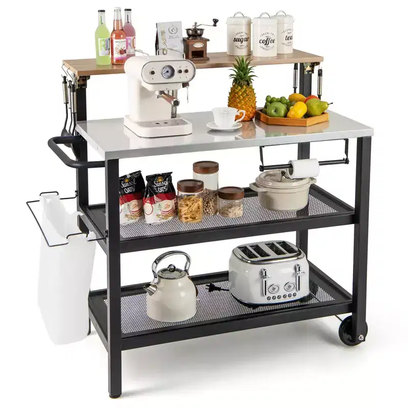 Rolling Bar Cart w/ Flip-up Table Hooks Paper Towel Holder Trash Bag Holder