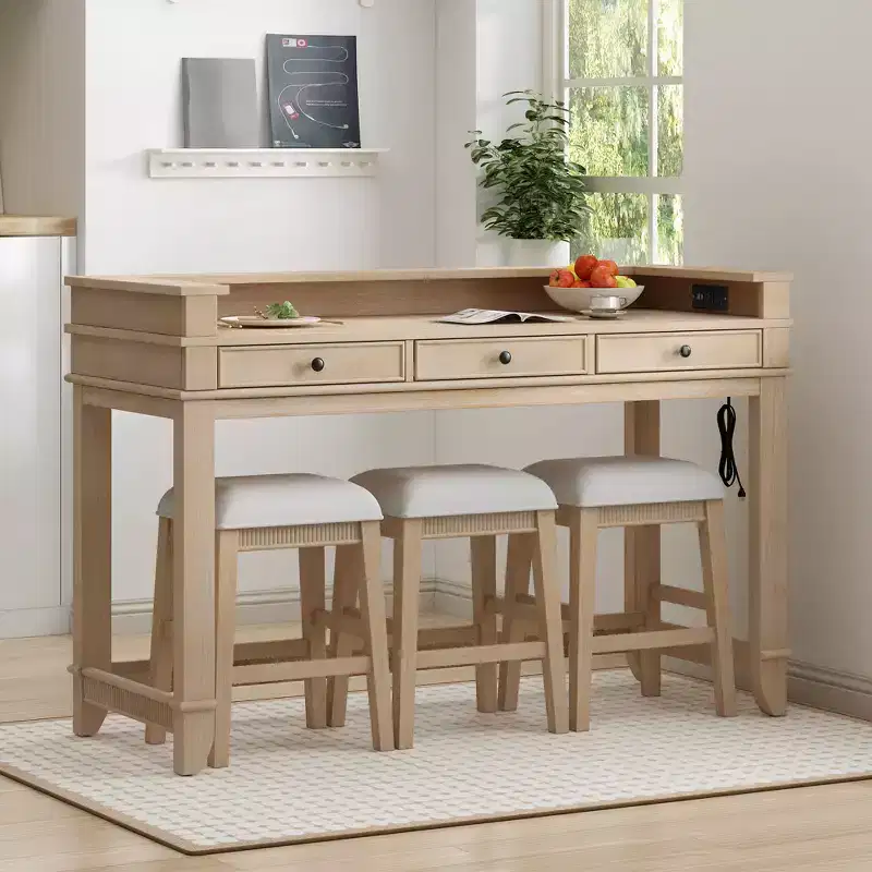 Whisen 4-Piece Dining Bar Table Set with 3 Upholstered Stools and 3 Drawers