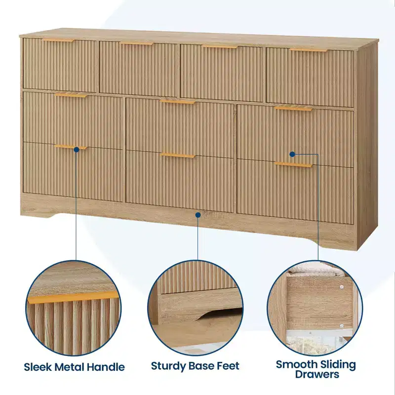 Fluted Dresser for Bedroom with 10 Drawers, 59 Wide Modern Chest of Drawers with Wood Frame, Dresser TV Stand Wooden Closet Clothes Storage Organizer