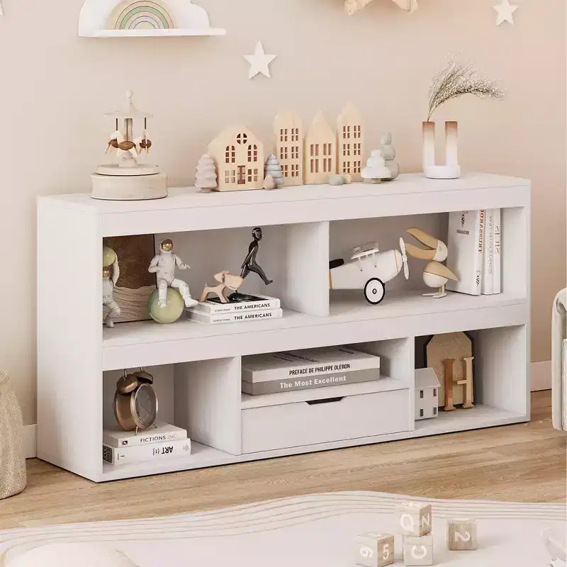 Kids Bookshelf with Drawer, Wooden Toy Storage Organizer, White Bookcase for Playroom, Classroom, Kids Room