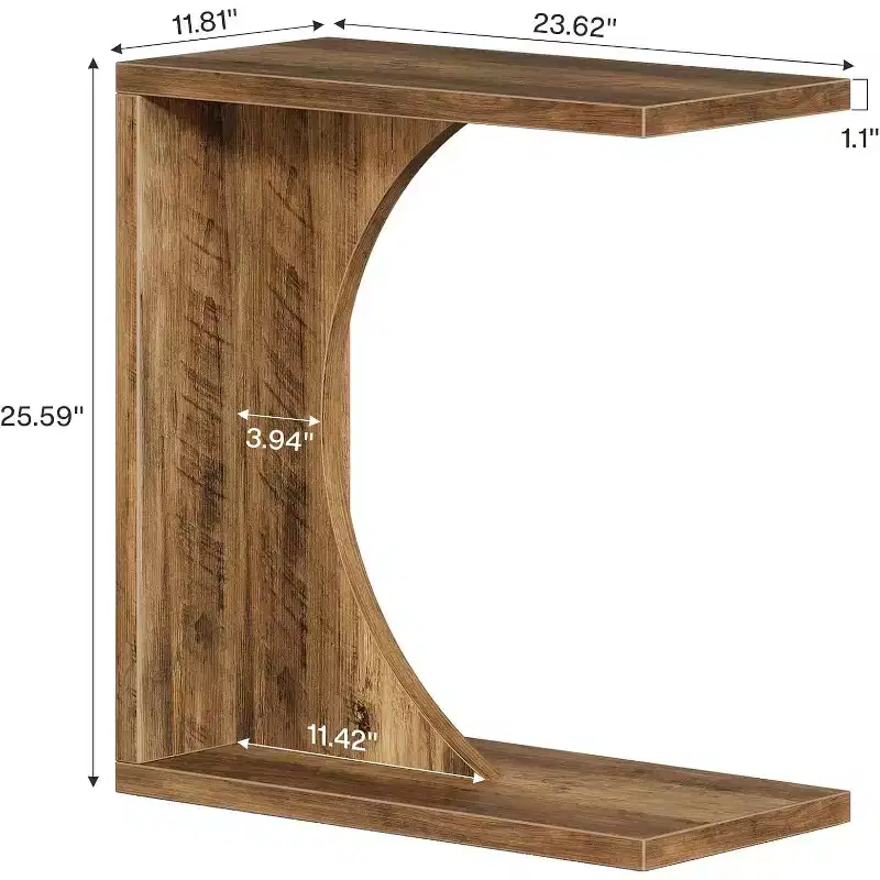 Lantine C-Shaped End Table for Couch, Small Bedside Table for Sofa, Wooden Nightstand for Living Room Bedroom Laptop Work Desk (1, Rustic Brown)