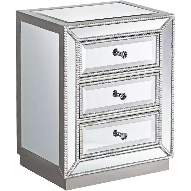 Coast to Coast Accents Trevi Modern Mirrored Rectangular Accent Table 20 x 15 with 3-Drawer Silver Beaded Trim for Living Room Bedroom Bedside House