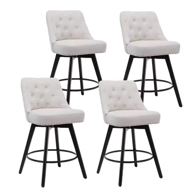Bar Stools, Set of 4 Counter Height 26 in H Swivel Bar Stools with Back, Wood Legs Upholstered Linen Beige