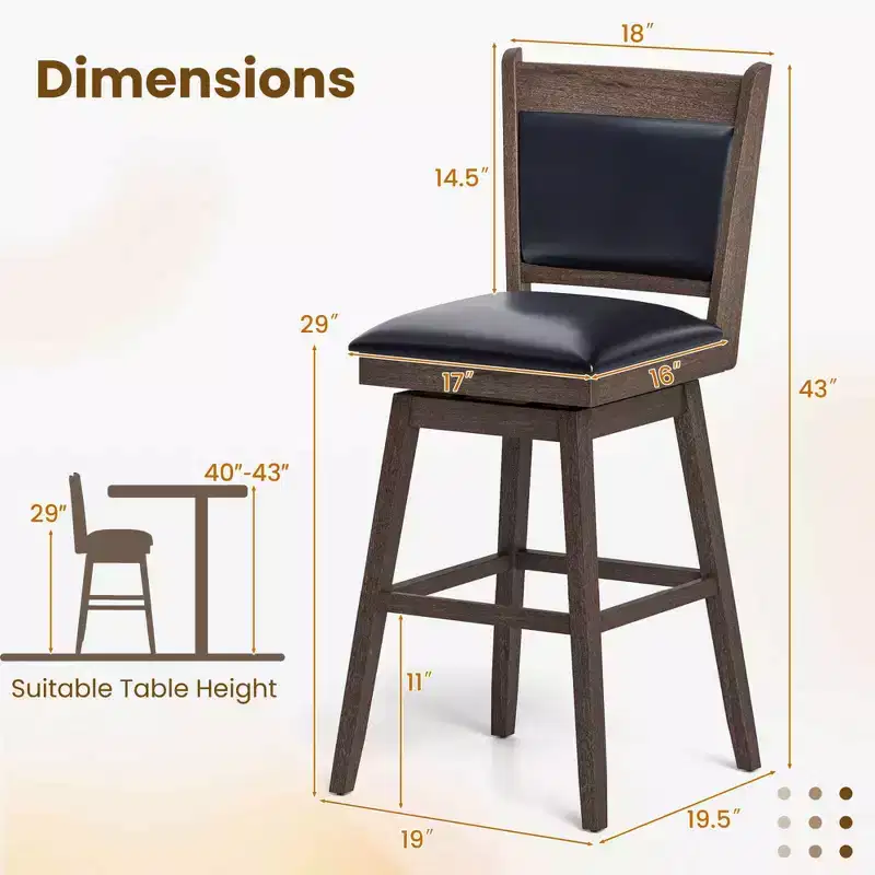 29 Swivel Bar Stools Set of 2 with Back Rubber Wood Legs Sturdy Footrest